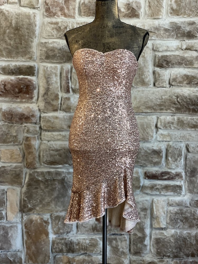 Aidan Mattox Rose Gold Sequin Ruffle Hem Dress, Size 0