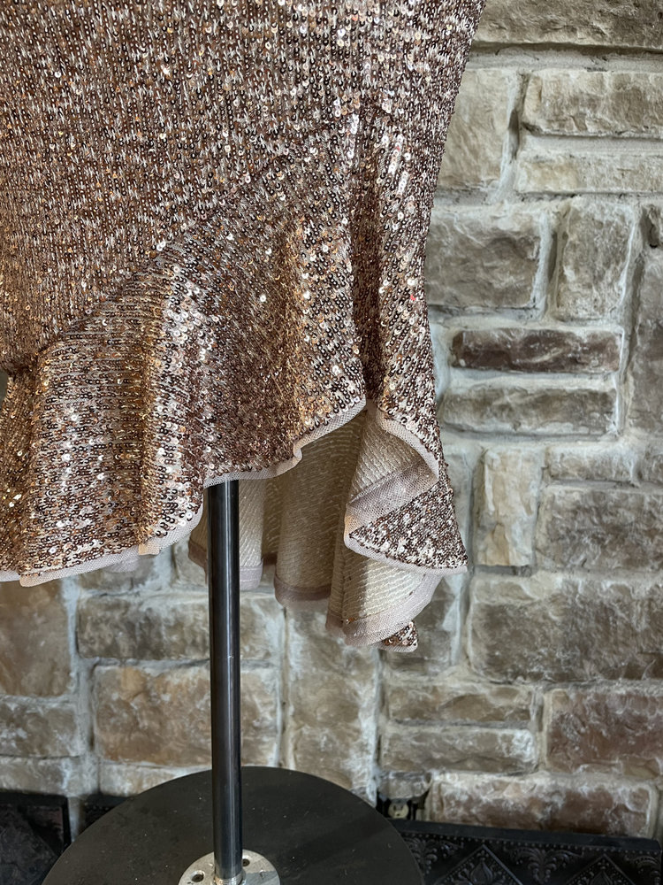 Aidan Mattox Rose Gold Sequin Ruffle Hem Dress, Size 0