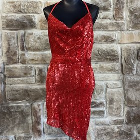 Guess Red Sequin Cowl Neck Mini Dress, Size L