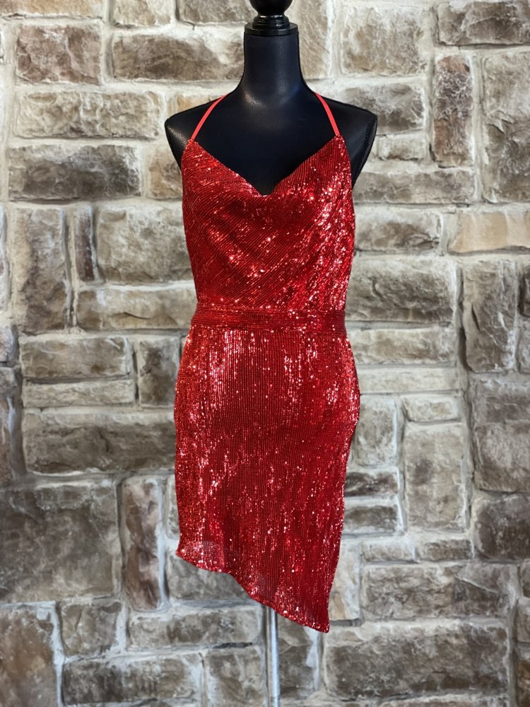 Guess Red Sequin Cowl Neck Mini Dress, Size L