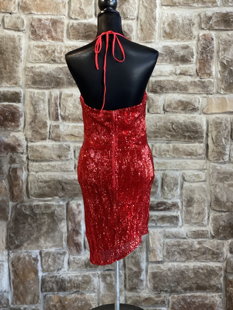 Guess Red Sequin Cowl Neck Mini Dress, Size L