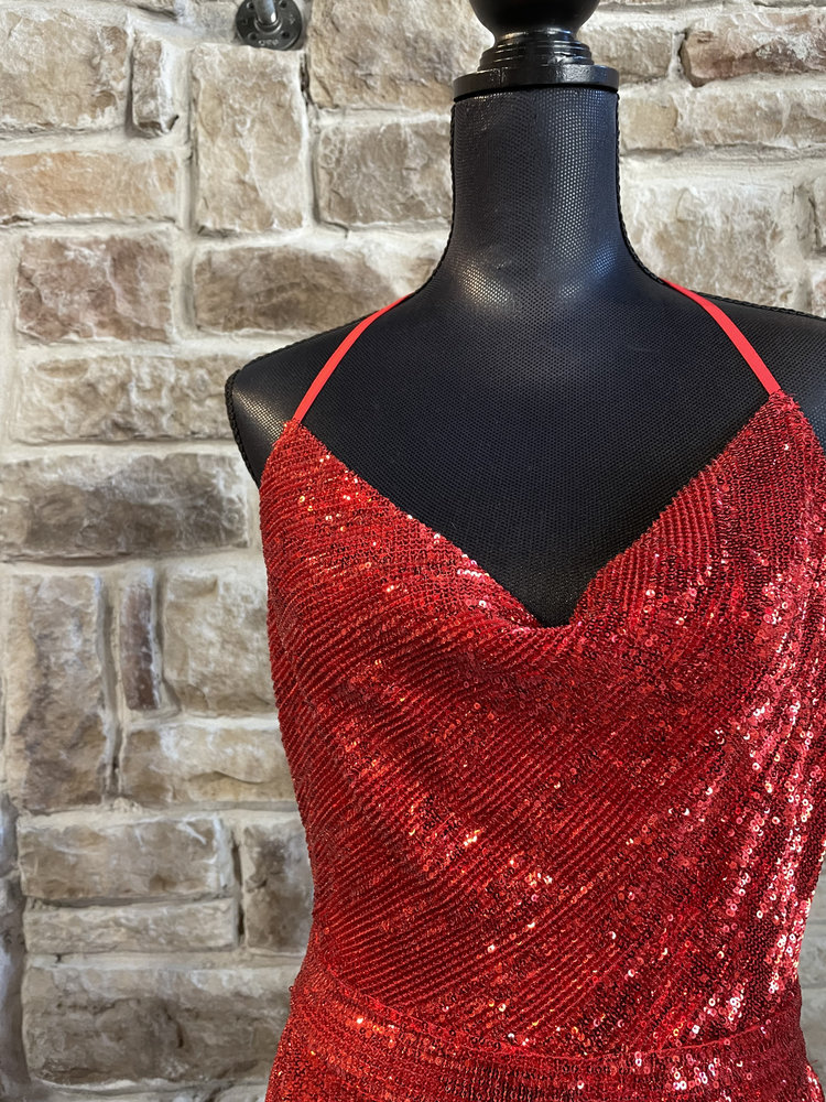 Guess Red Sequin Cowl Neck Mini Dress, Size L
