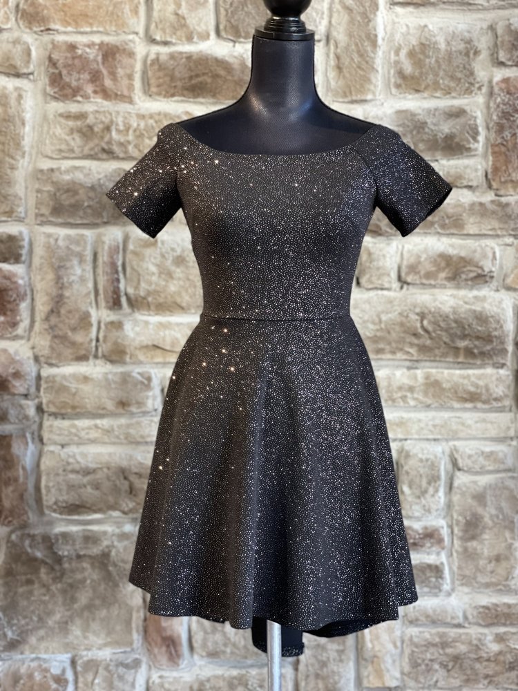 La Scala Black Shimmer Off the Shoulder Dress, Size L