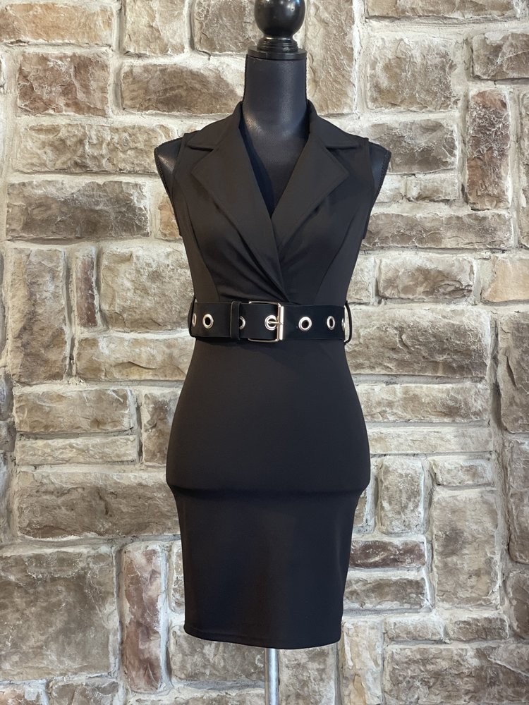 La Scala Black Lapel Belted Mini Dress, Size S