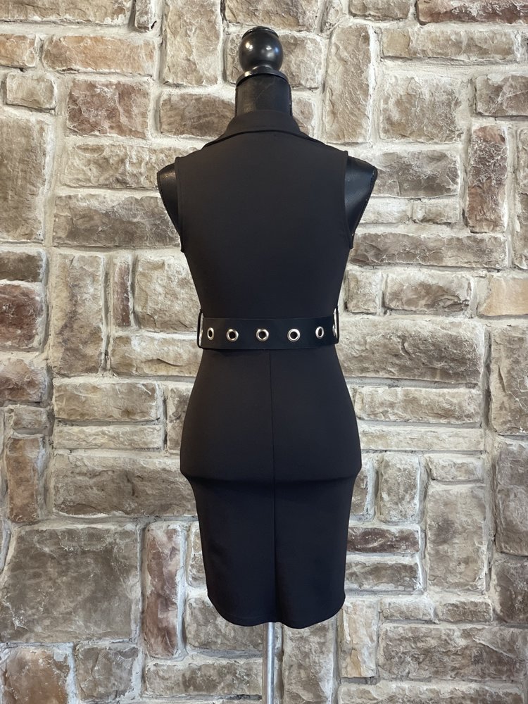 La Scala Black Lapel Belted Mini Dress, Size S