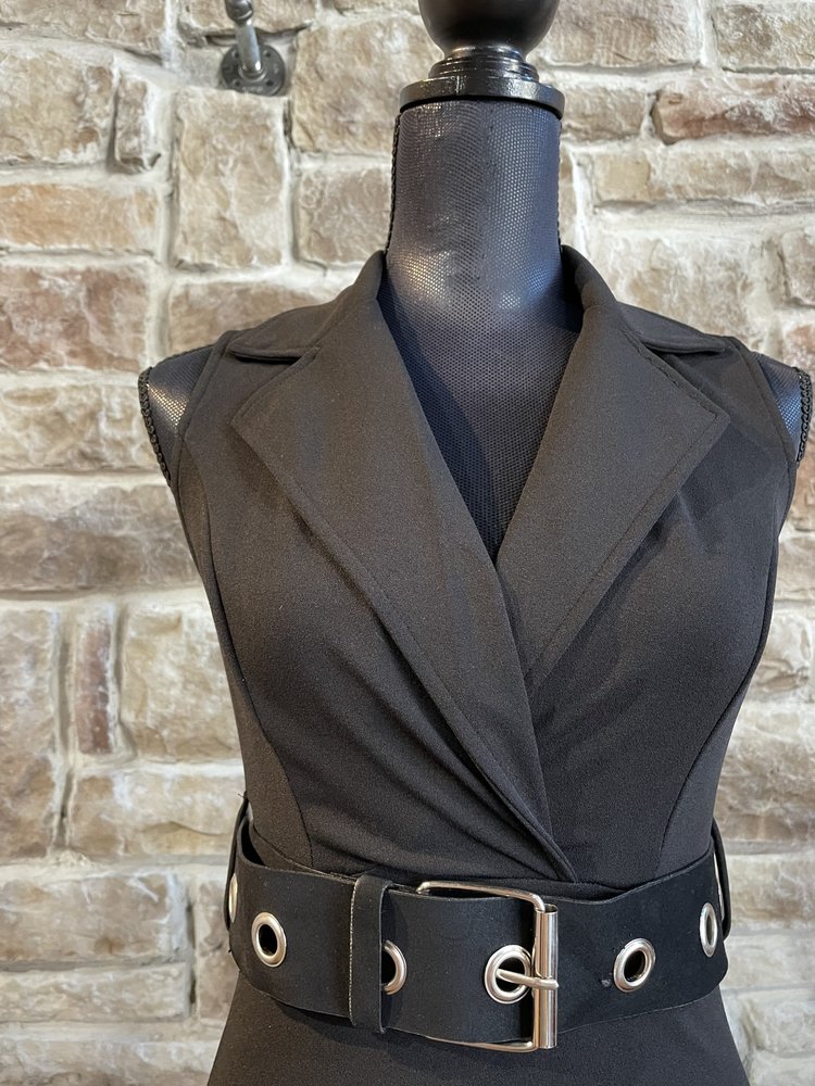 La Scala Black Lapel Belted Mini Dress, Size S