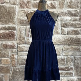 Aqua Navy Velvet Halter Dress