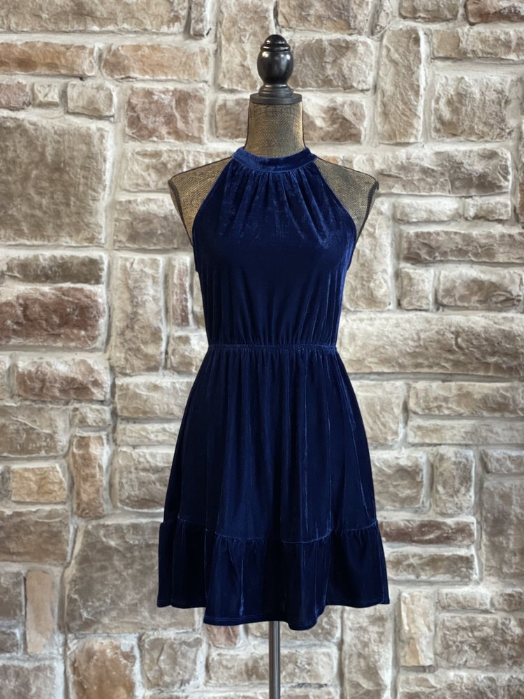 Aqua Navy Velvet Halter Dress