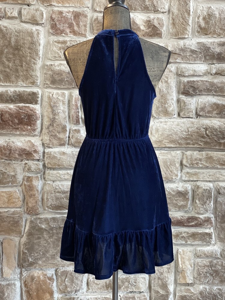 Aqua Navy Velvet Halter Dress