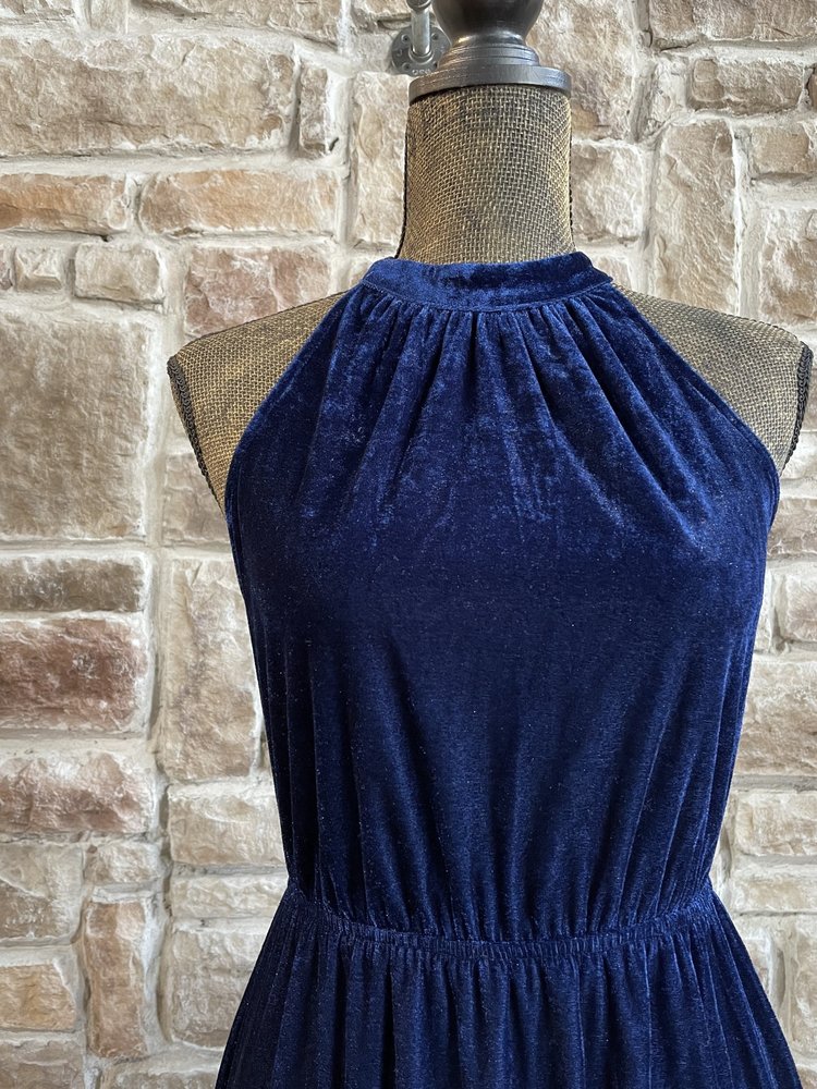 Aqua Navy Velvet Halter Dress