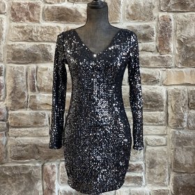 Meaneor Black Sequin V-Neck Dress, Size S
