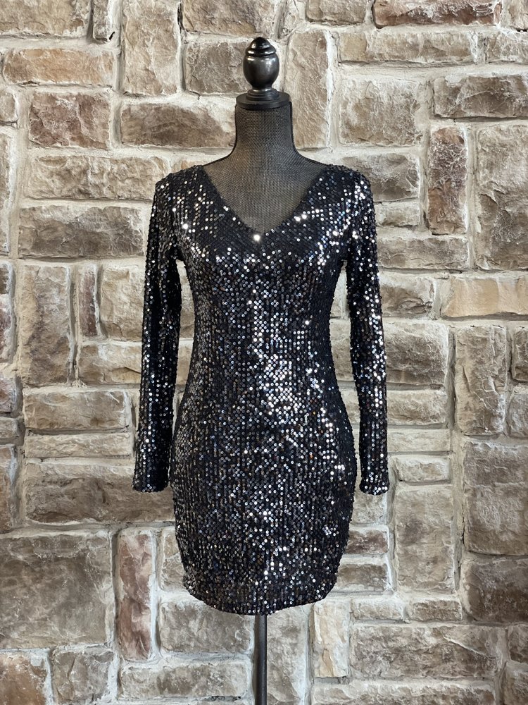 Meaneor Black Sequin V-Neck Dress, Size S
