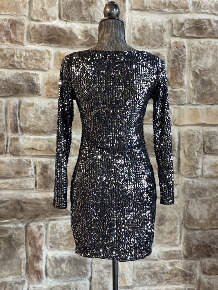 Meaneor Black Sequin V-Neck Dress, Size S