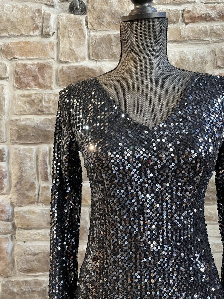 Meaneor Black Sequin V-Neck Dress, Size S