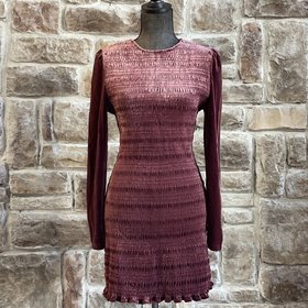 Aqua Wine Red Smocked Velvety Dress with Sleeves, Size L