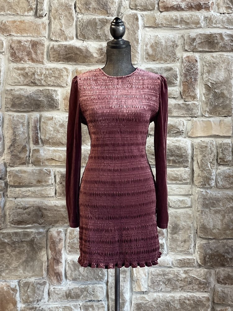 Aqua Wine Red Smocked Velvety Dress with Sleeves, Size L