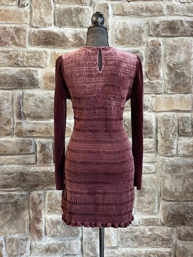 Aqua Wine Red Smocked Velvety Dress with Sleeves, Size L