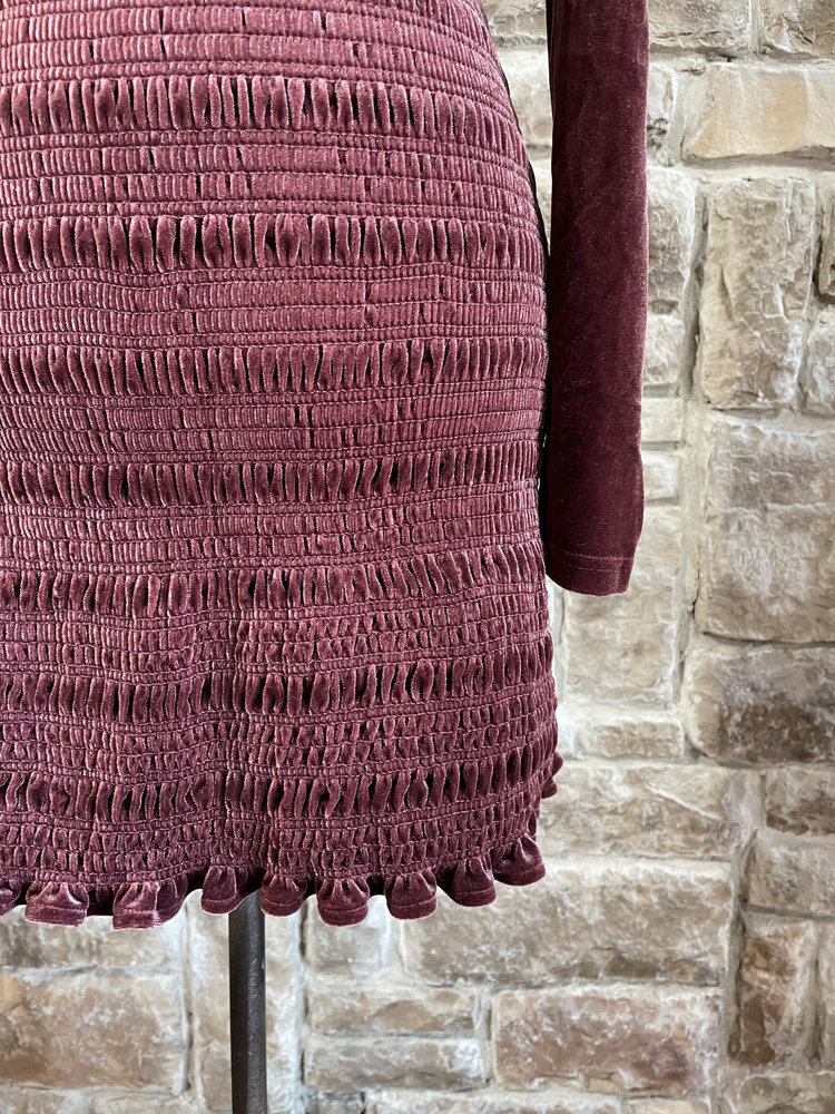 Aqua Wine Red Smocked Velvety Dress with Sleeves, Size L