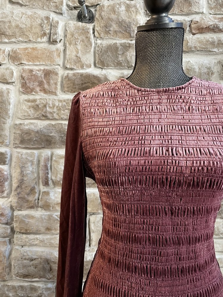 Aqua Wine Red Smocked Velvety Dress with Sleeves, Size L