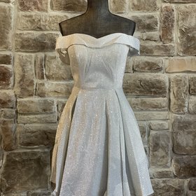 La Scala Silver Off the Shoulder Flare Dress, Size XL