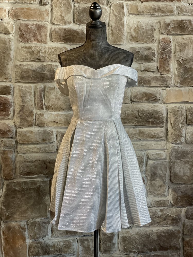 La Scala Silver Off the Shoulder Flare Dress, Size XL