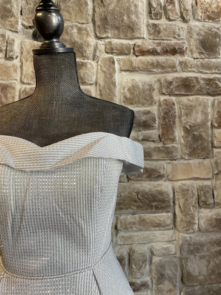 La Scala Silver Off the Shoulder Flare Dress, Size XL