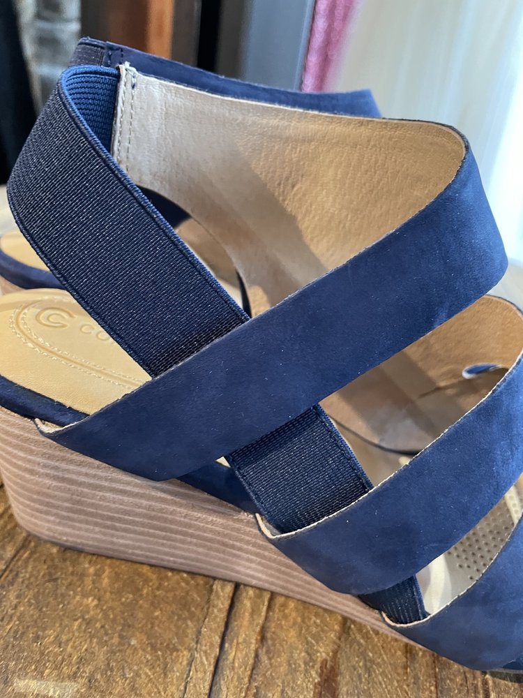 Corso Como Navy Leather Wedge Sandals, Size 9