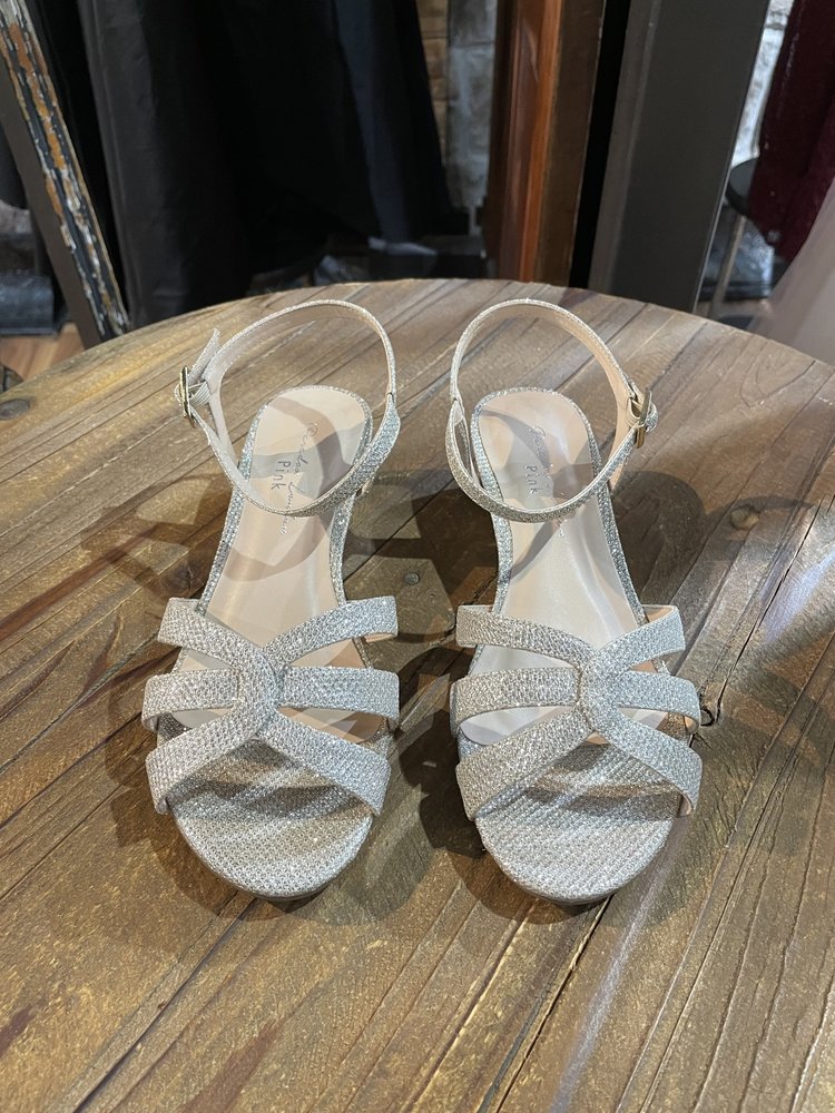 Pink Paradox Silver Textured Strappy Sandals, Size 6