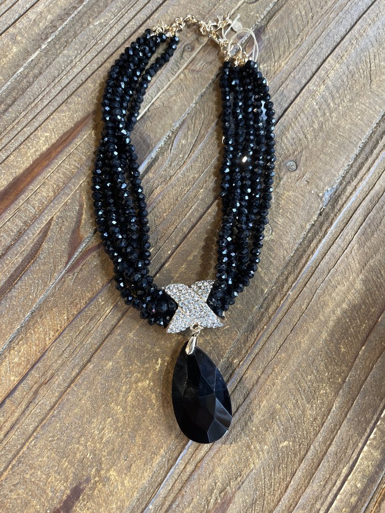 Jennifer and Company Black Bead and Gold Rhinestone Necklace