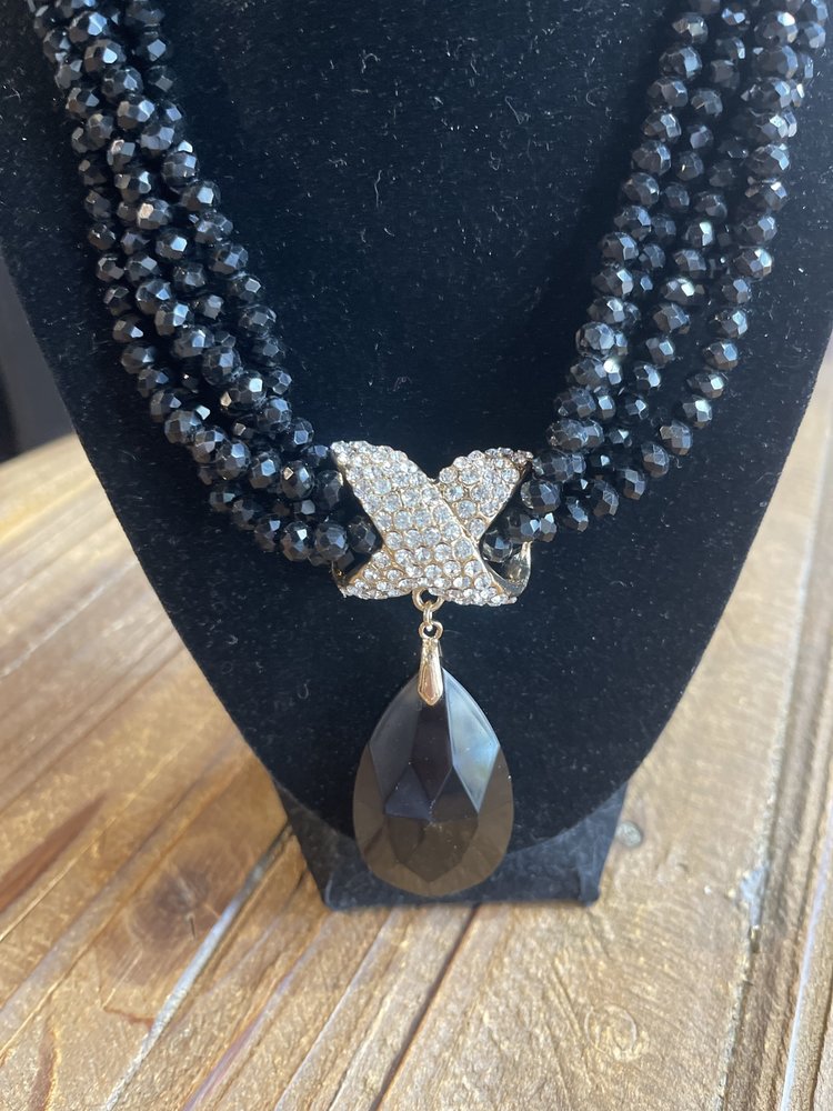 Jennifer and Company Black Bead and Gold Rhinestone Necklace
