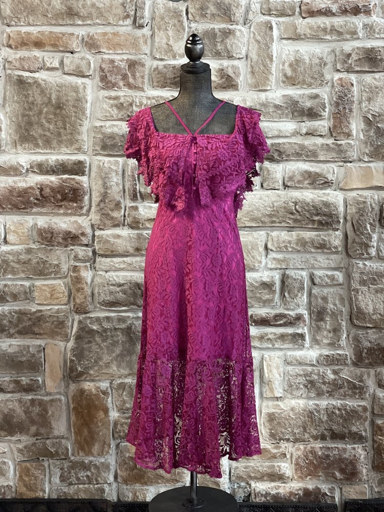 INA Fuchsia Lace Off the Shoulder Halter Dress