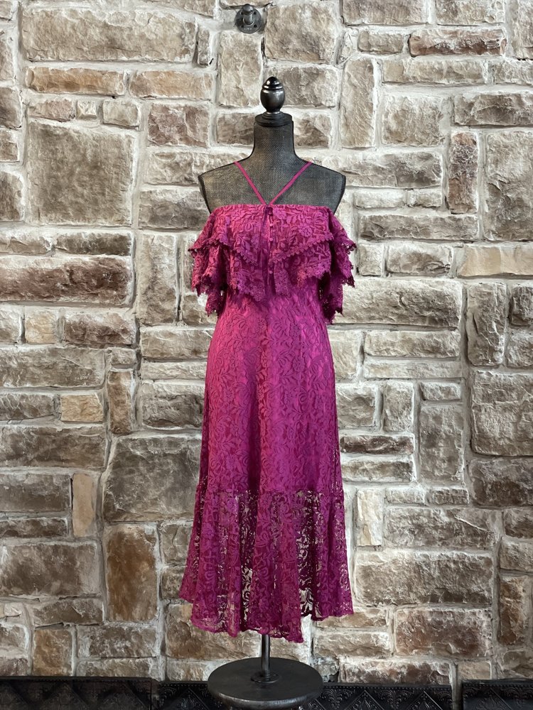 INA Fuchsia Lace Off the Shoulder Halter Dress