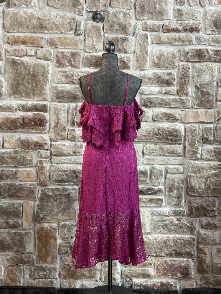 INA Fuchsia Lace Off the Shoulder Halter Dress