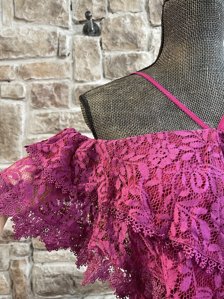 INA Fuchsia Lace Off the Shoulder Halter Dress