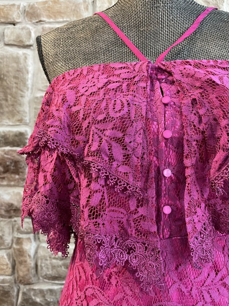 INA Fuchsia Lace Off the Shoulder Halter Dress