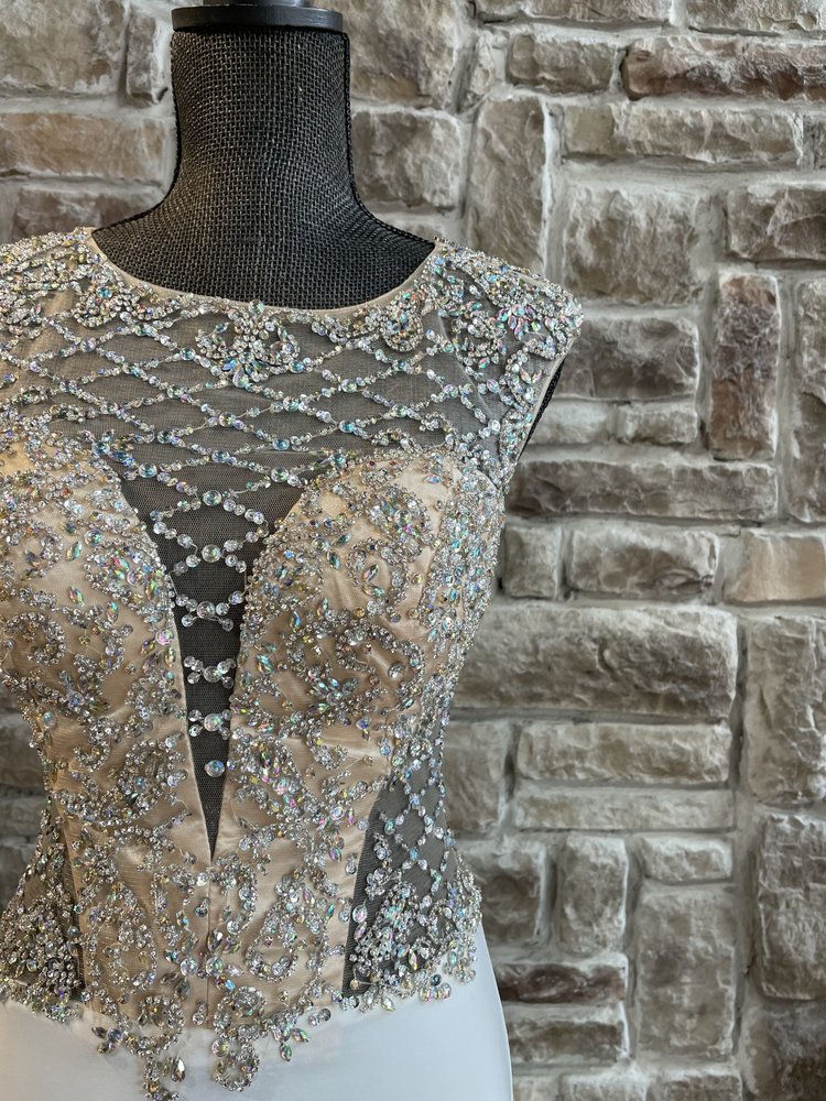 Cinderella Divine White Mesh Beaded Illusion Gown, Size 6