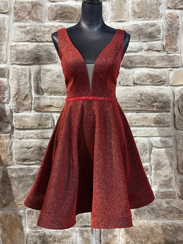 May Queen Red Beaded Waist Mesh Sparkle Dress