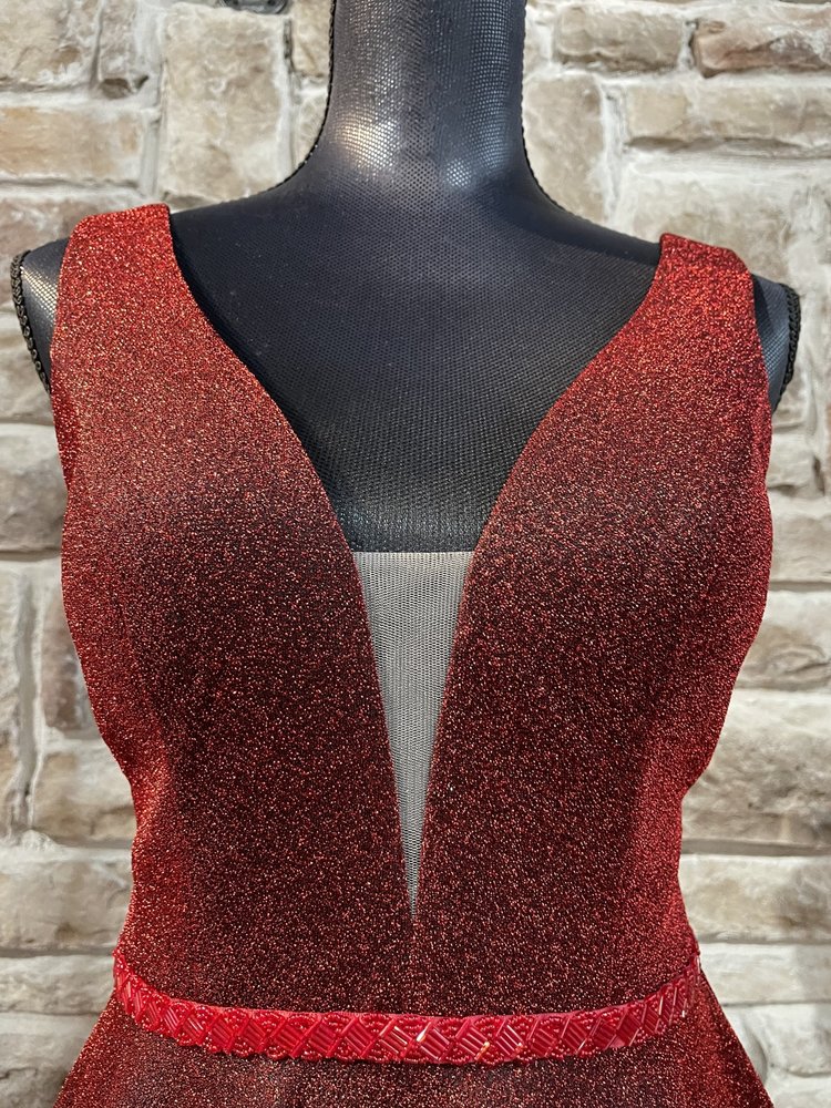 May Queen Red Beaded Waist Mesh Sparkle Dress