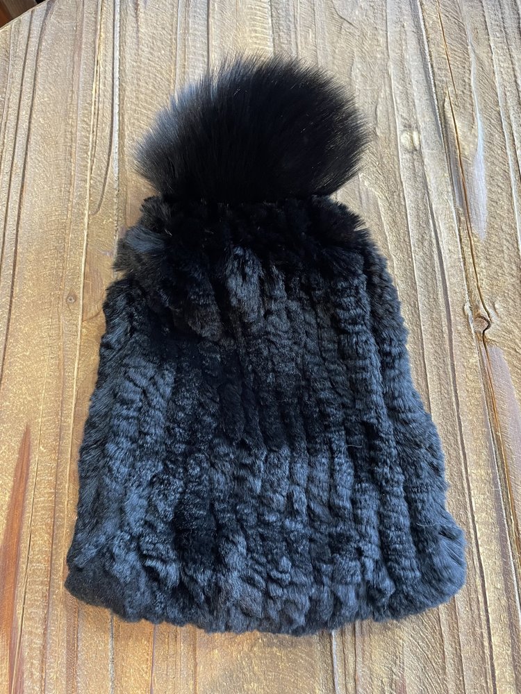 Raglaido Black Knitted Rabbit Pom Beanie Hat