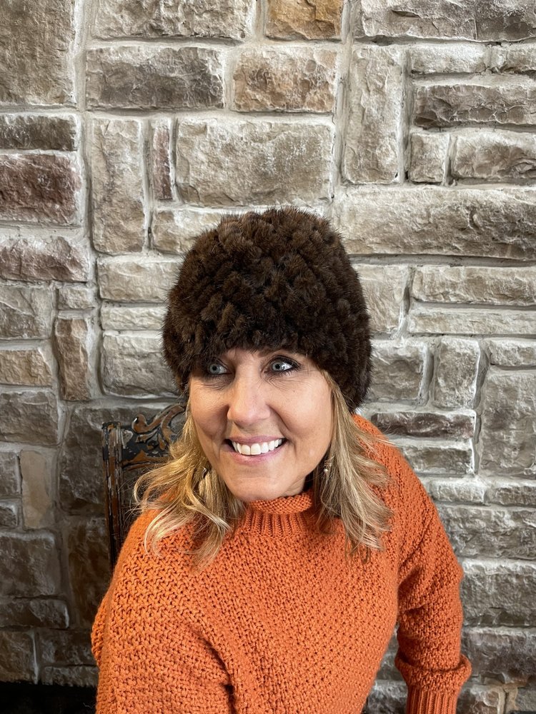 Brown Knitted Mink Beanie Hat