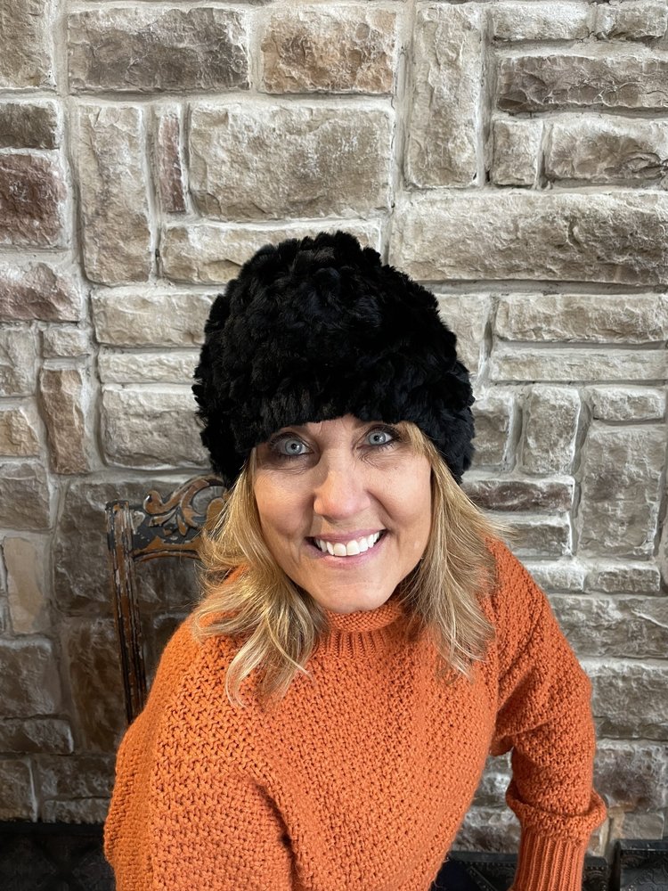 Black Knitted Rabbit Beanie Hat, O/S