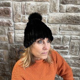Raglaido Black Knitted Rabbit Pom Beanie Hat