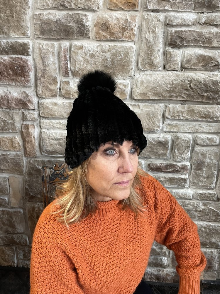 Raglaido Black Knitted Rabbit Pom Beanie Hat