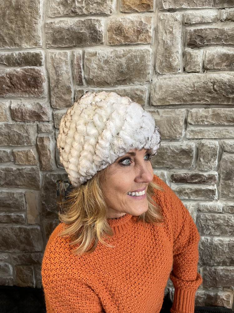 White with Brown Knitted Rabbit Beanie  Hat