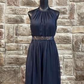 Adrianna Papell Navy Chiffon Dress with Jeweled Belt