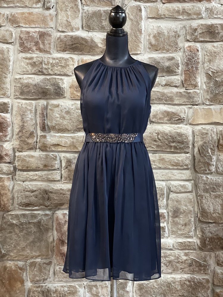 Adrianna Papell Navy Chiffon Dress with Jeweled Belt