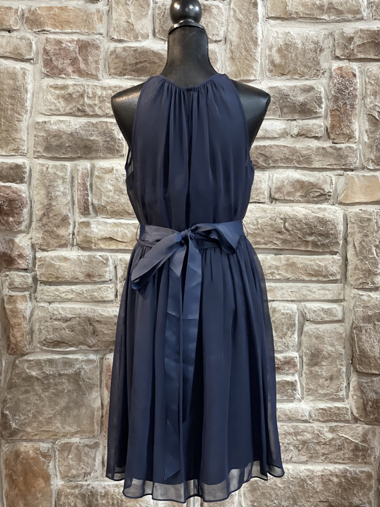 Adrianna Papell Navy Chiffon Dress with Jeweled Belt