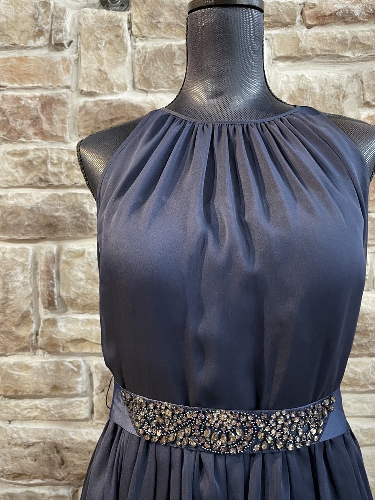 Adrianna Papell Navy Chiffon Dress with Jeweled Belt