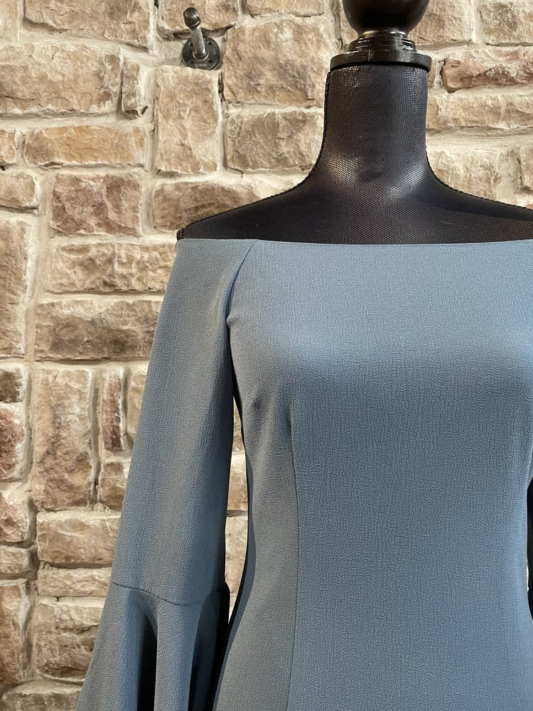 Keepsake Blue Crepe Off-Shoulder Sheath, Size S