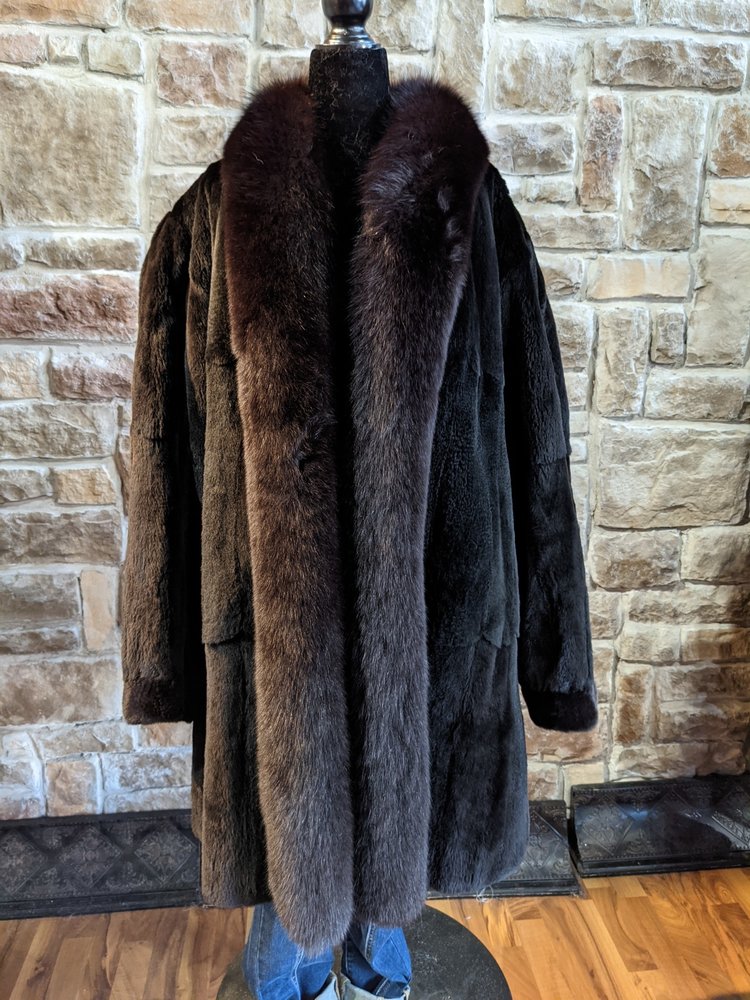 Reversible Dyed Sheared Mink w/ Fox Trim Swing Coat, Size L